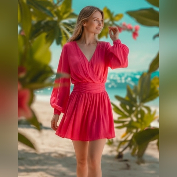 Mustard Seed Dresses & Skirts - NWOT - Mustard Seed Women's Pink Barbiecore Lantern Sleeve, Flowy, V-neck Dress